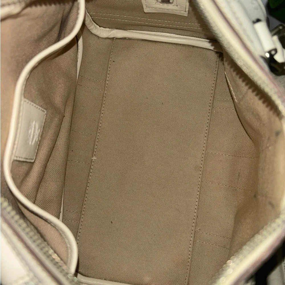 MCM Cream Logo Satchel with Gold Plaque and Charm